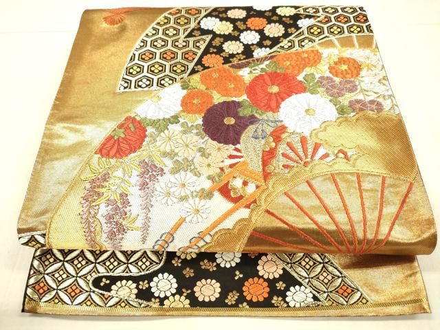 平和屋着物●西陣 河合美術織物謹製 六通柄袋帯 唐織 扇面草花文 金糸 正絹 DAAX5628cm