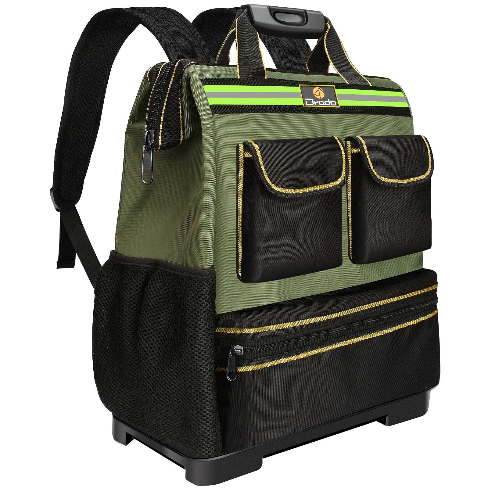 工具収納 電工 工具入れ 反射ストリップ付き 撥水設計 オックスフォード布製 ハード 強化プラスチック底 作業用 工具リュックサック 仕切り付き 2 way 手提げ 大容量 アウトドア アーミーグリーン リュック 工具バッグ ツールバッグ ツール