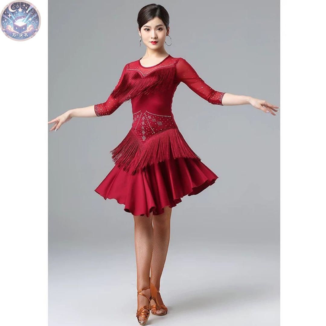 ♥ フリンジ-ストーン輝く ラテン練習用スパッツ付きワンピース