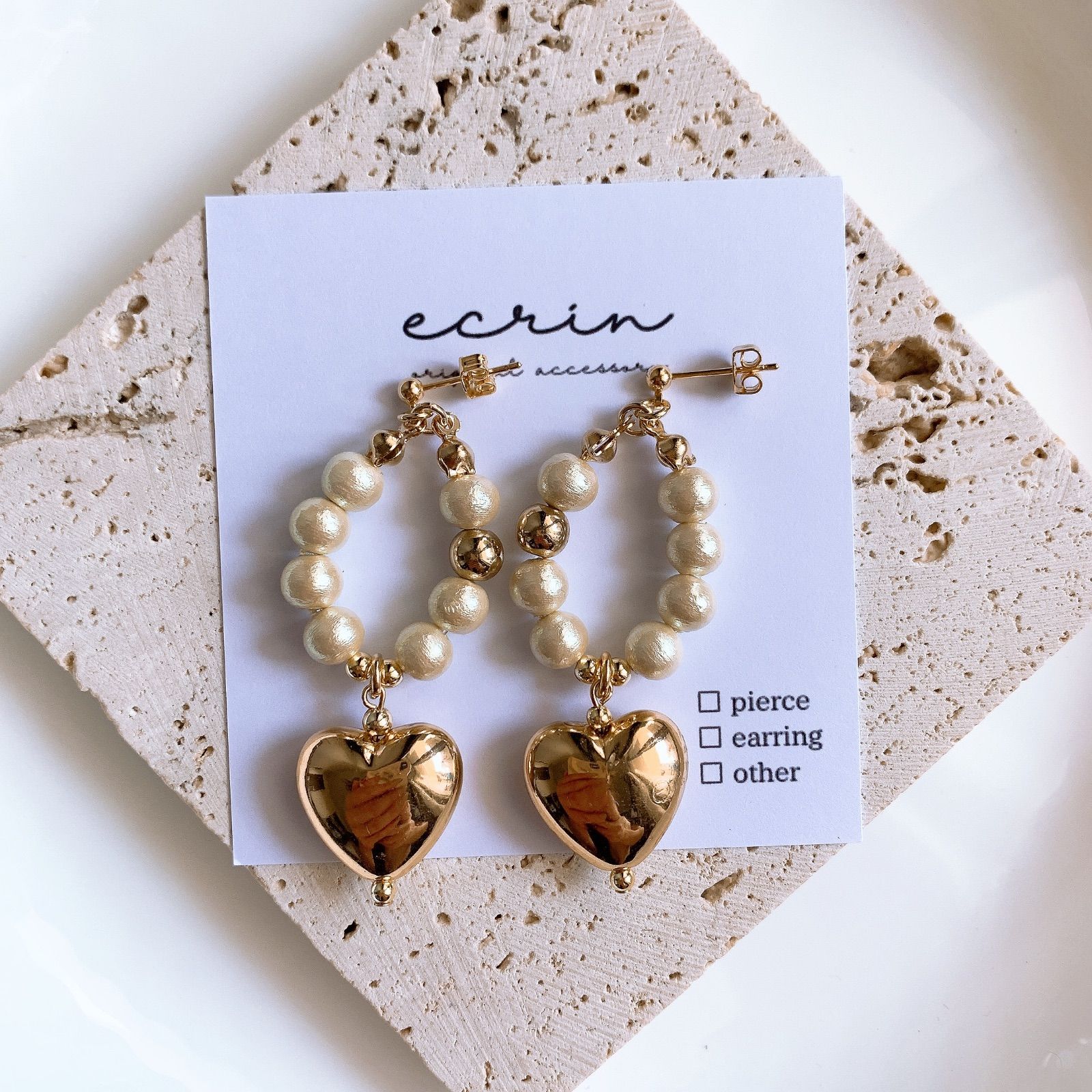 1537】コットンパール ゴールド ハート ハンドメイドアクセサリー  