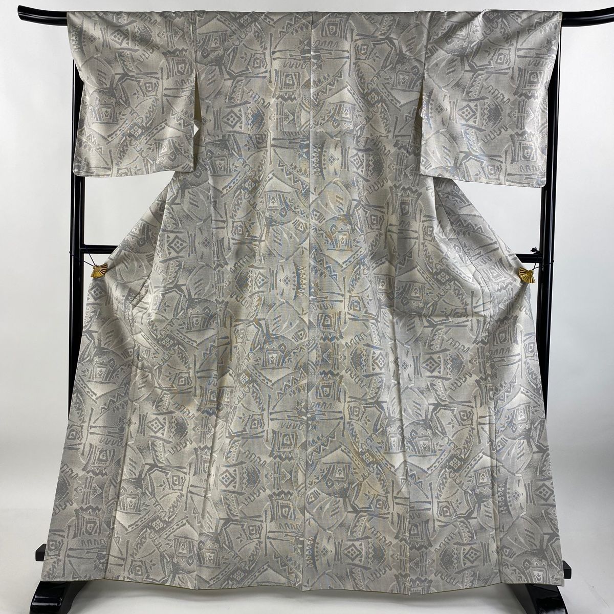 紬 身丈166.5cm 裄丈66cm M 袷 幾何学 灰白 正絹 秀品