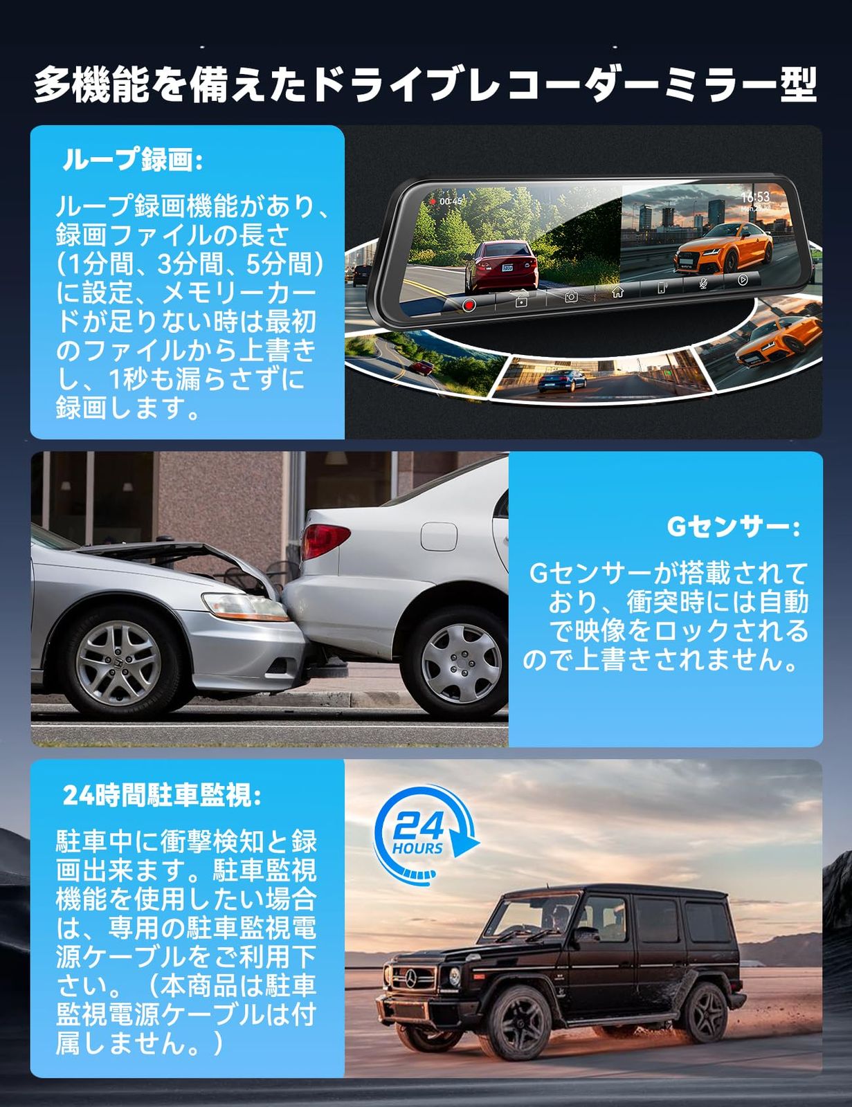 伸縮式フロントカメラ 170°超広角