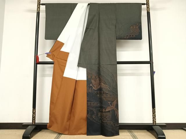 平和屋着物▽訪問着 本場大島紬 単衣 花唐草文 金彩 正絹 逸品