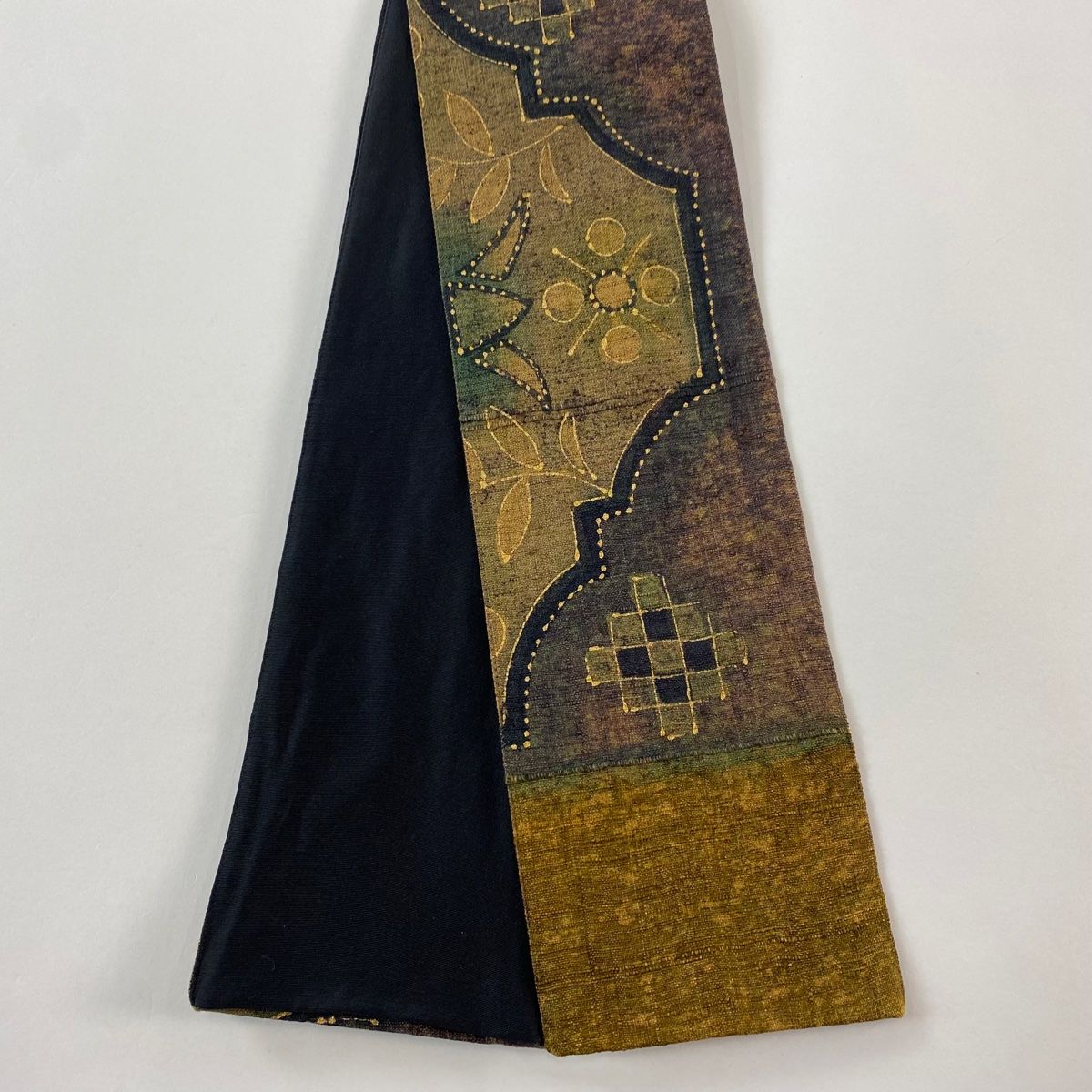角帯 秀品 紬地 花 幾何学模様 金彩 茶緑色 正絹