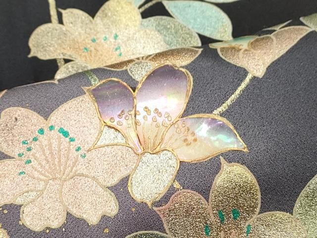 平和屋着物○訪問着 螺鈿 枝花文 暈し染め 黒地 金銀彩 正絹