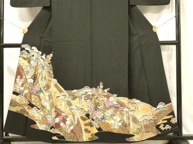 平和屋着物□豪華黒留袖 作家物 駒刺繍 亀甲花文 金彩 正絹