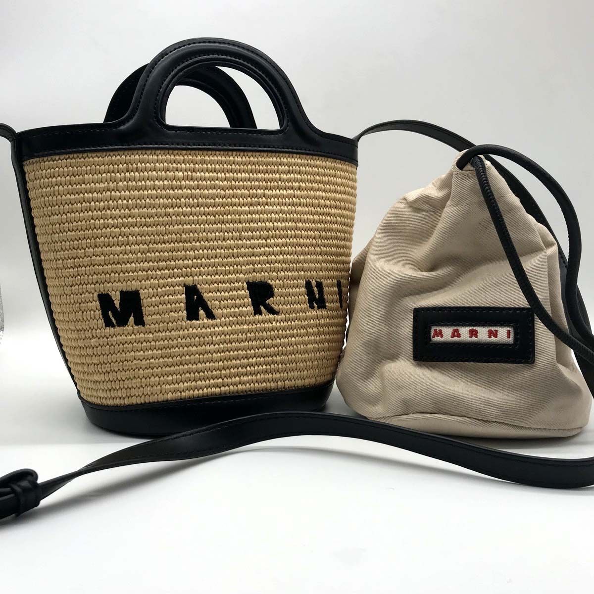 MARNI マルニ ラフィアトートバッグ マイクロバッグ かごバッグ 巾着付き 黒×茶 - メルカリ