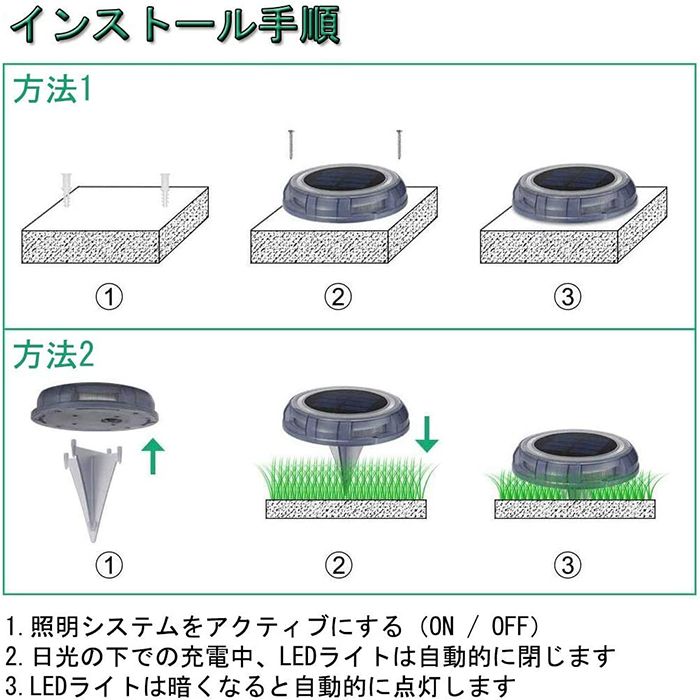 ソーラーグラウンドライト 埋め込み式 壁掛け可能 1800mAh大電池容量