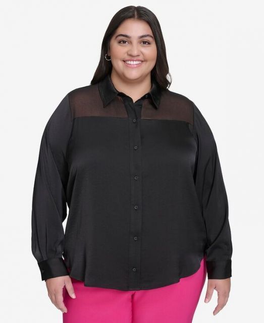 売れ筋商品|||ダナ キャラン ニューヨーク カットソー トップス レディース Plus Size Long-Sleeve Faux-Wrap Top Black Plus Size Faux Wrap Top | Faux Wrap Blouse | Kiyonna