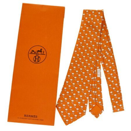 超美品 エルメス HERMES ネクタイ 羊柄 オレンジ 注文 シルク 100