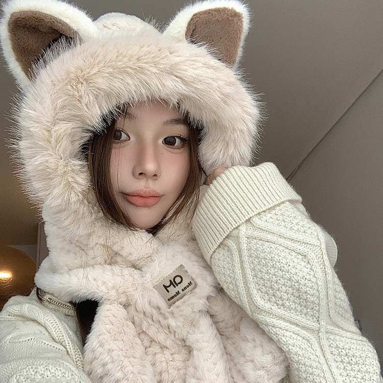耳付き　ファー　帽子　マフラー アニマル柄 耳つき 一体化 フェイクーファー 帽子 マフラー