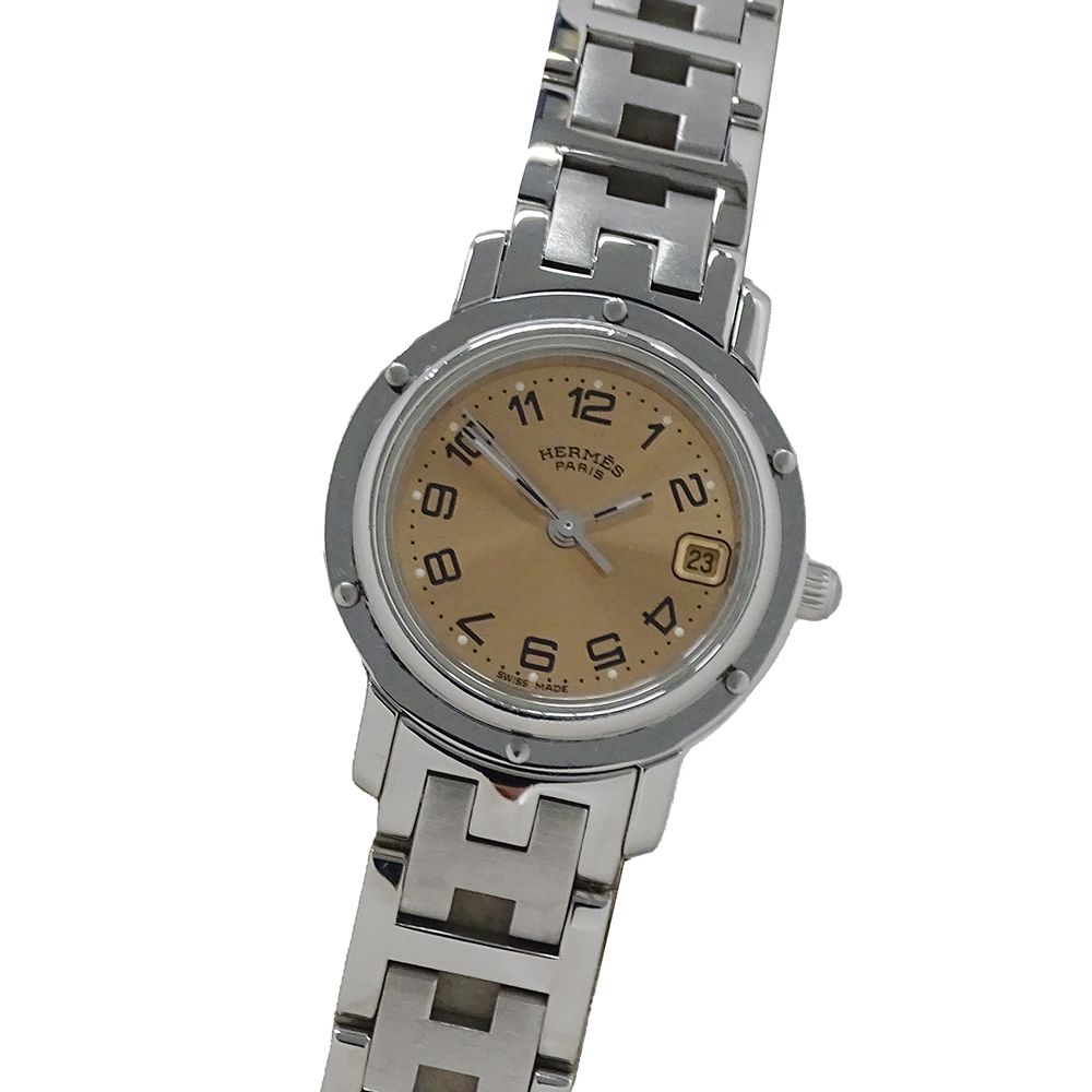 エルメス HERMES 時計 レディース ブランド クリッパー デイト クオーツ QZ ステンレス SS CL4.210 シルバー ピンク 磨き済み