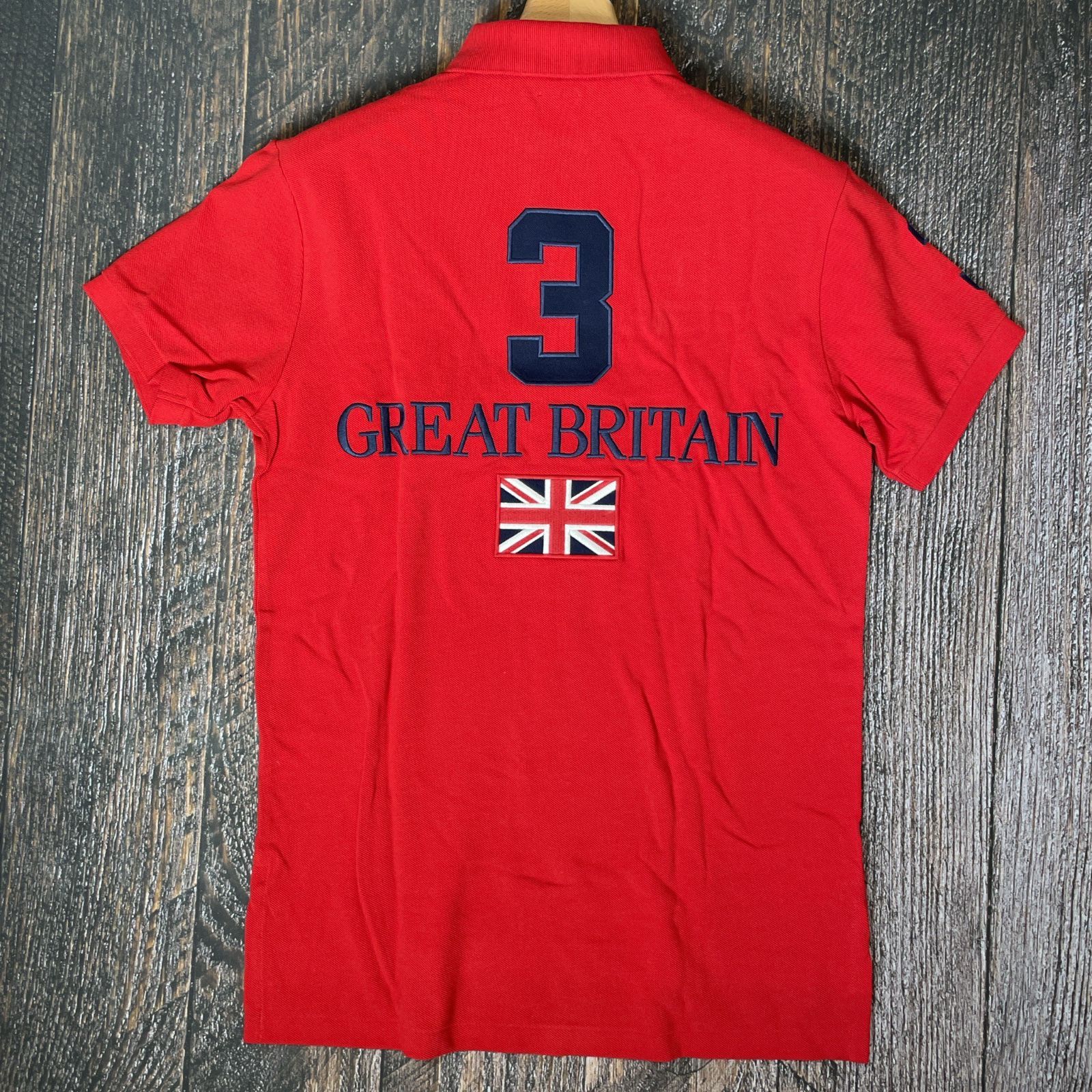 【往復送料無料】 POLO RALPH LAUREN ポロ ラルフローレン メンズ ポロシャツ GREAT BRITAIN 刺繍 ビッグポニー レッド Mサイズ M カスタムフィット 綿 春夏 カジュアル お出かけ ゴルフウェア A-008 強力な