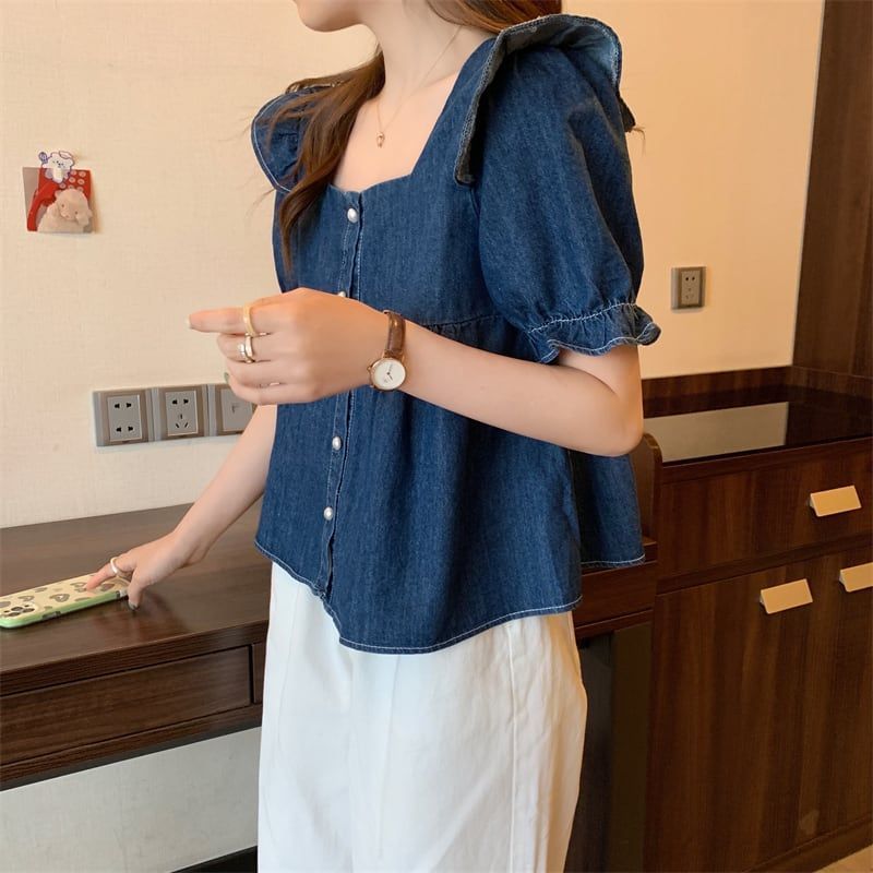 ブラウス シャツ デニム S M L XL 2XL 3XL 4XL フリル 半袖