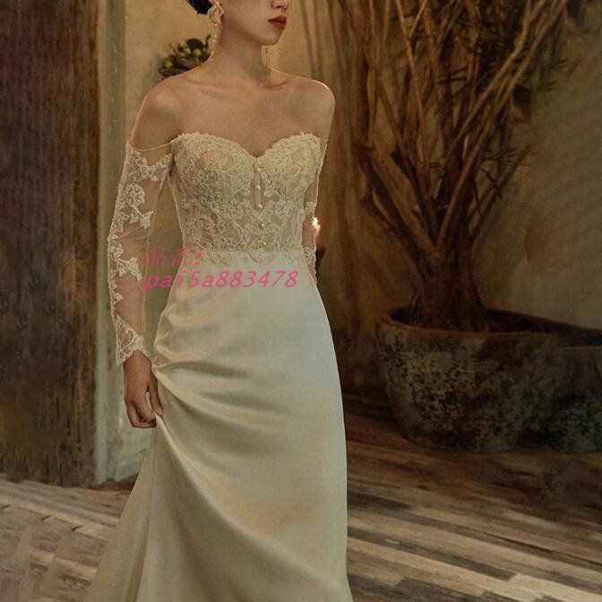 ウェディングドレス 二次会ドレス 白 オフショルダー マーメイドドレス トレーンドレス ロングドレス セクシー 結婚式ドレス 花嫁ドレス 透かし彫り 挙式 pai 5 a 883478