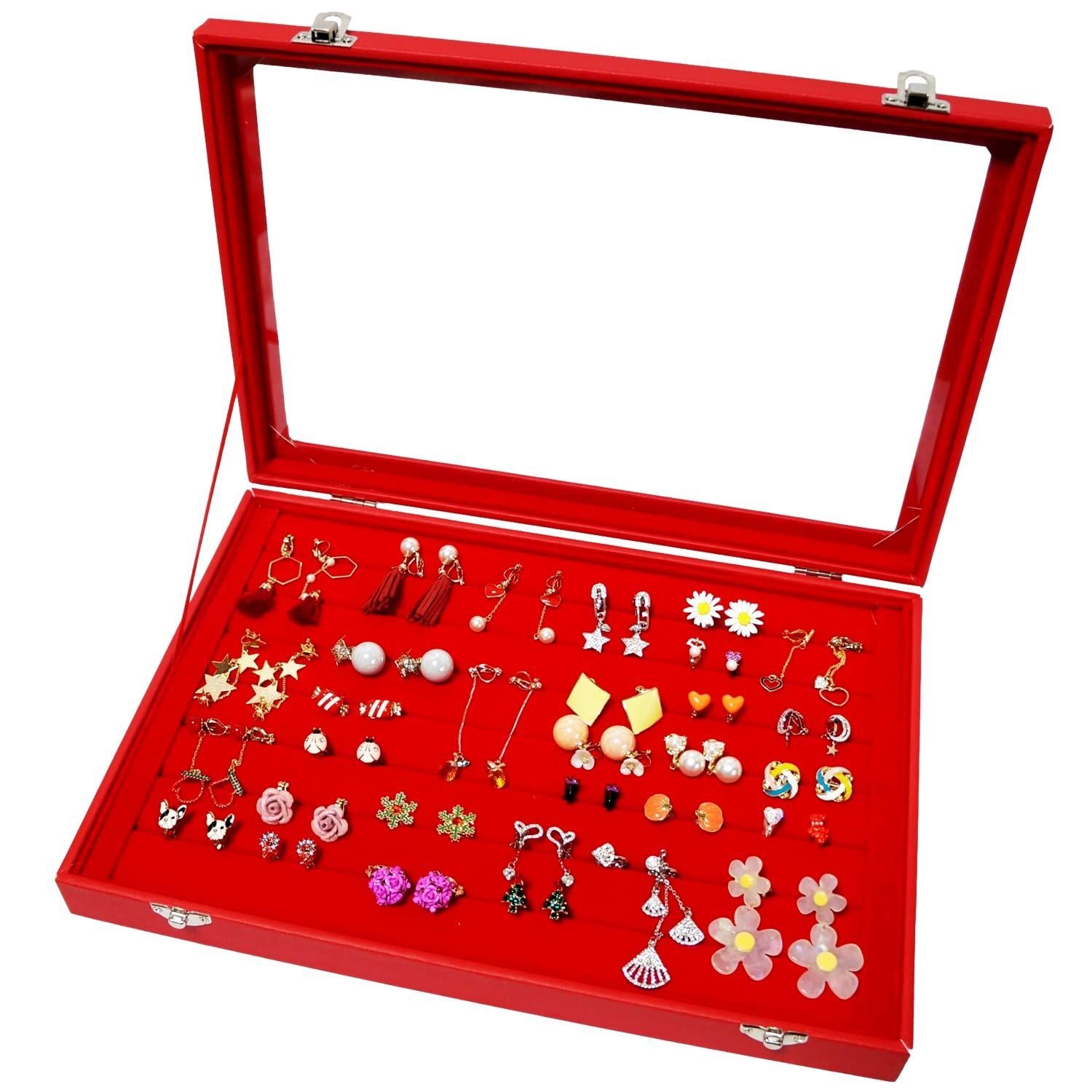 新品 ディスプレイ 透明 セット 大量 イヤリング ピアス (レッド・大・イヤリングセット付) ケース ボックス 収納 アクセサリー