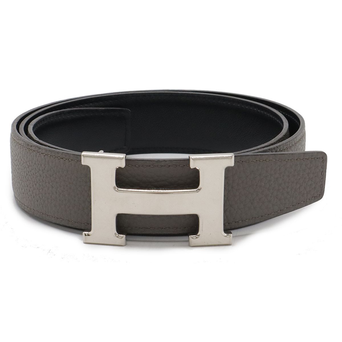 HERMES エルメス Hベルト リバーシブル レザー グレー ブラック 黒 シルバー金具 #85 C刻印