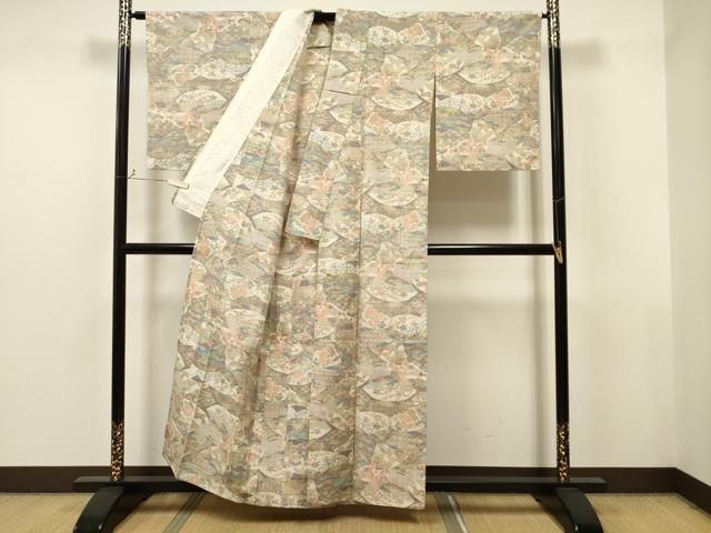 平和屋着物▽小千谷紬 単衣 地紙草花文 正絹 逸品 CAAT0777dy 平和屋