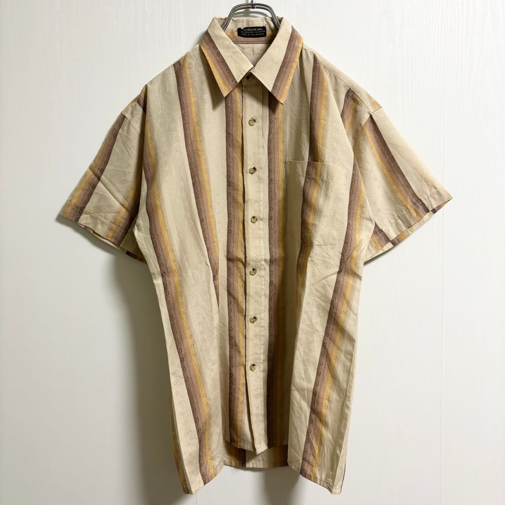 古着 used 半袖ストライプシャツ 総柄 レトロデザイン ベージュ 夏服 