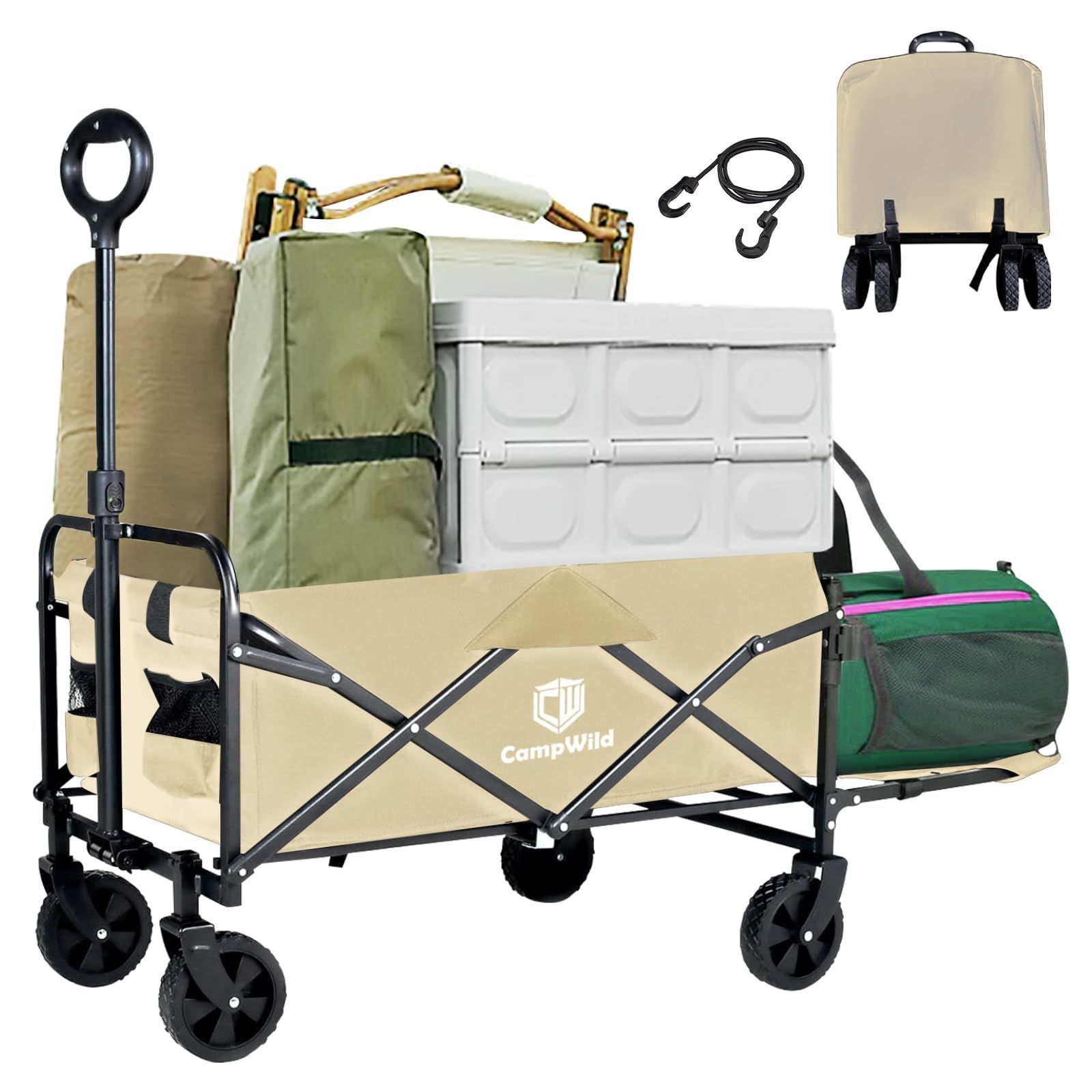 CampWild アウトドアワゴン 折りたたみ キャリーワゴン 自立収納式 後ろ開けキャンプワゴン 長物対応 容量が30%増加 耐荷重120kg コンパクト大容量 オックスフォードタープン アウトドア レジャー 買い物 釣り ビーチ パティオ BBQ 130