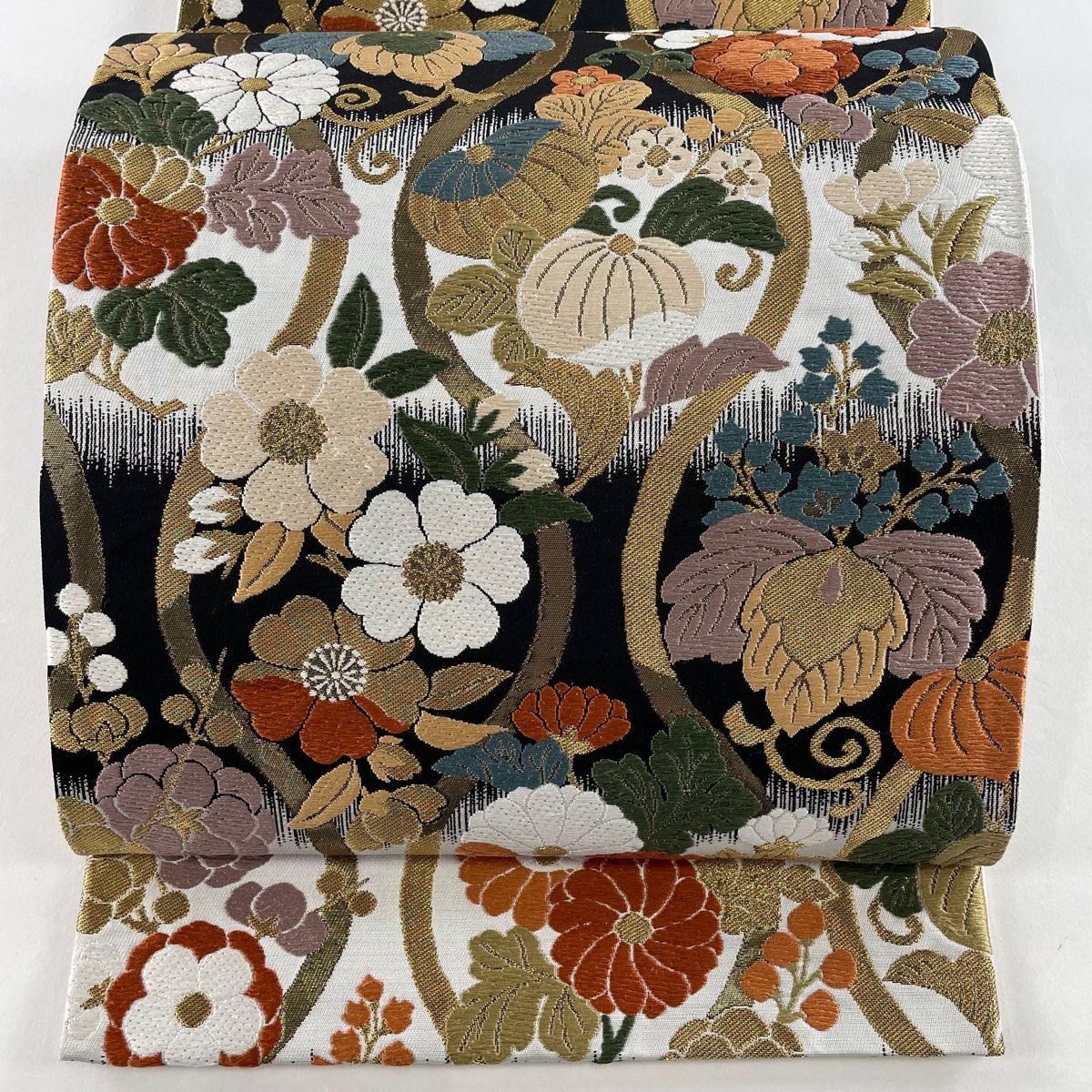 袋帯 美品 秀品 新能裳錦 金糸 箔 灰白 六通 正絹 【中古