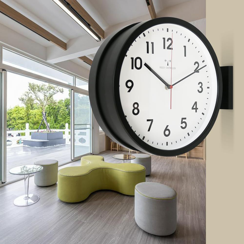 ベスタイム BESTIME RC296A 両面壁掛け時計 掛け時計 電波時計 黑いアルミニウム 白い文字盤 高さ32x幅28x10cm ラジオムーブメント 高増幅アンテナ搭載 キッチン リビング 玄関 ベッドルーム 居間 書斎 図書館 オフィス USTAUSTRALIA_COM_AU