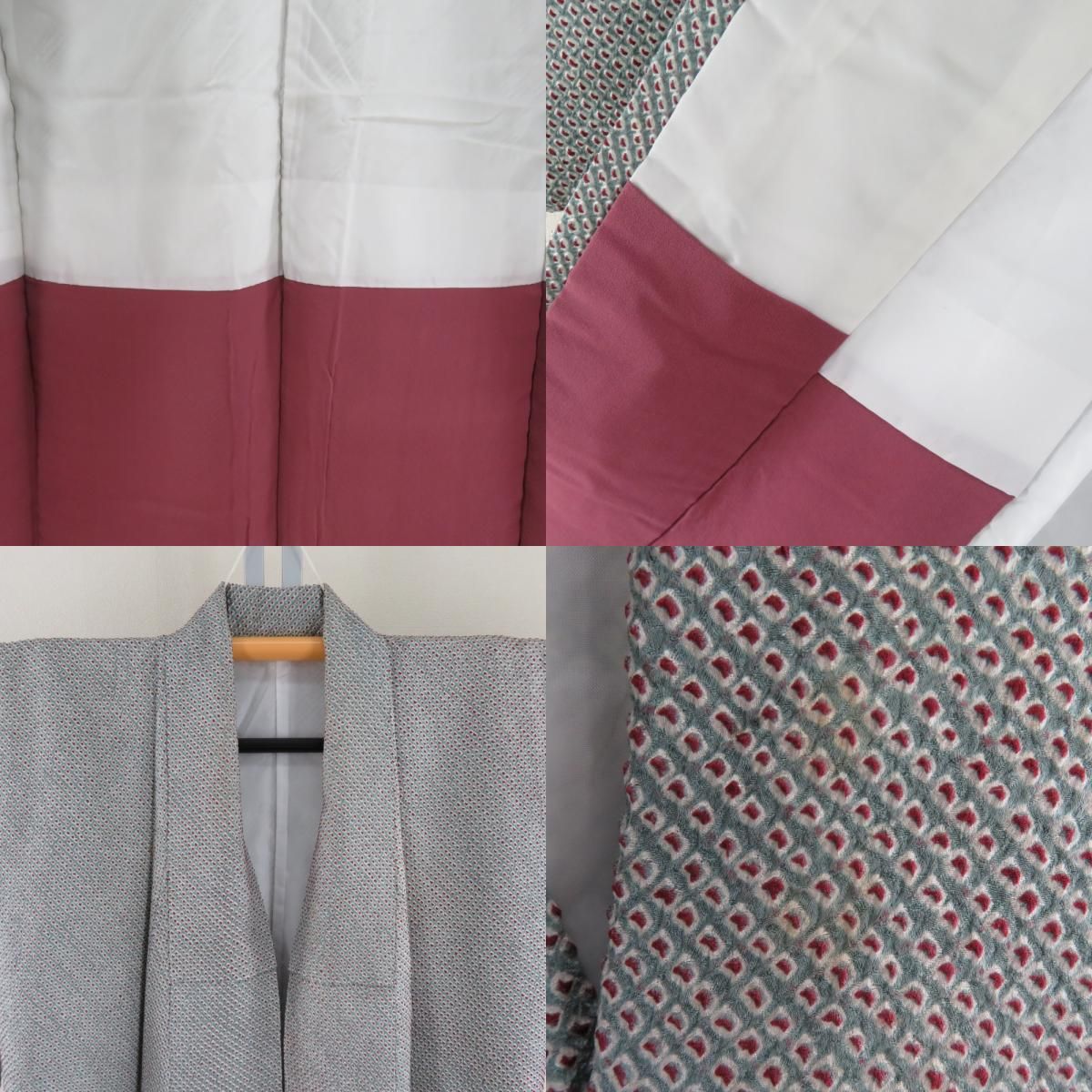 小紋 袷 広衿 グレーブルーｘワインレッド 総絞り 鹿の子模様 小柄サイズ 正絹 仕立て上がり 身丈150cm 【キモノオフ野々市若松店】 小紋 袷 広衿 グレーブルーxワインレッド 総絞り 鹿の子模様 小柄