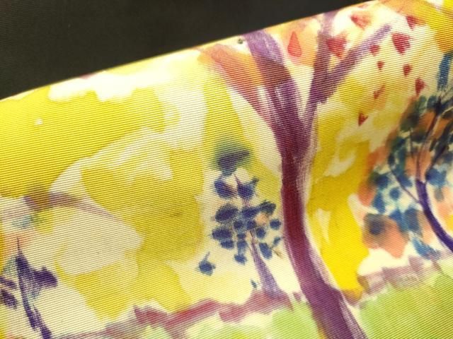 平和屋着物○塩瀬 九寸名古屋帯 手描き 樹林文 黒地 正絹 逸品