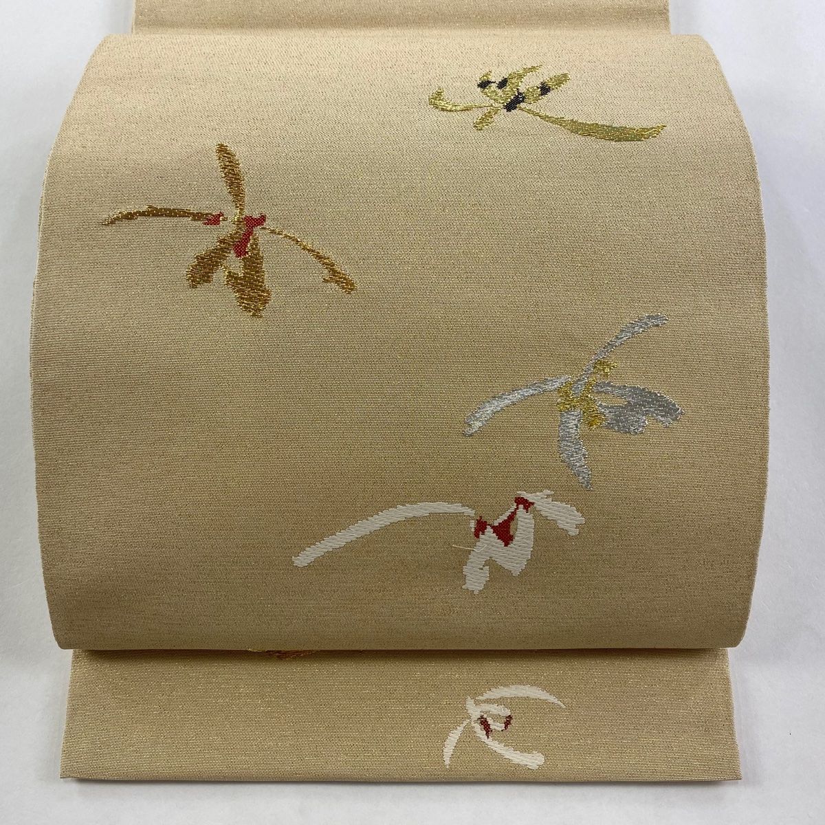 袋帯 龍村平蔵 落款 花 金銀糸 ベージュ お太鼓柄 正絹