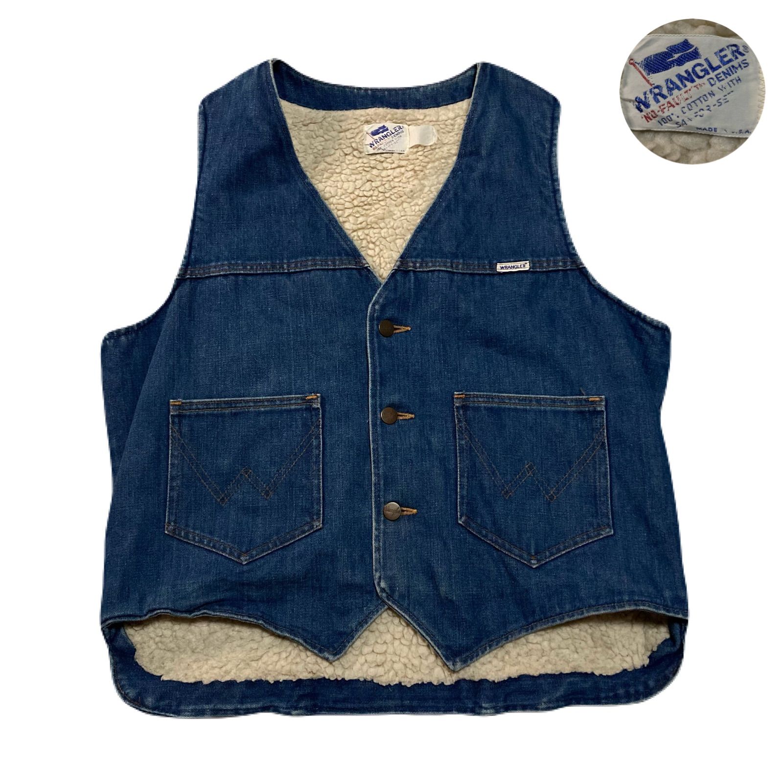 Wrangler ラングラー DenimBoaLunchVest デニムボアランチベスト USA製 80s LiningBoa 裏ボア ButtonClosure ボタン留め ColorFading 色落ち Cotton コットン インディゴブルー  L相当