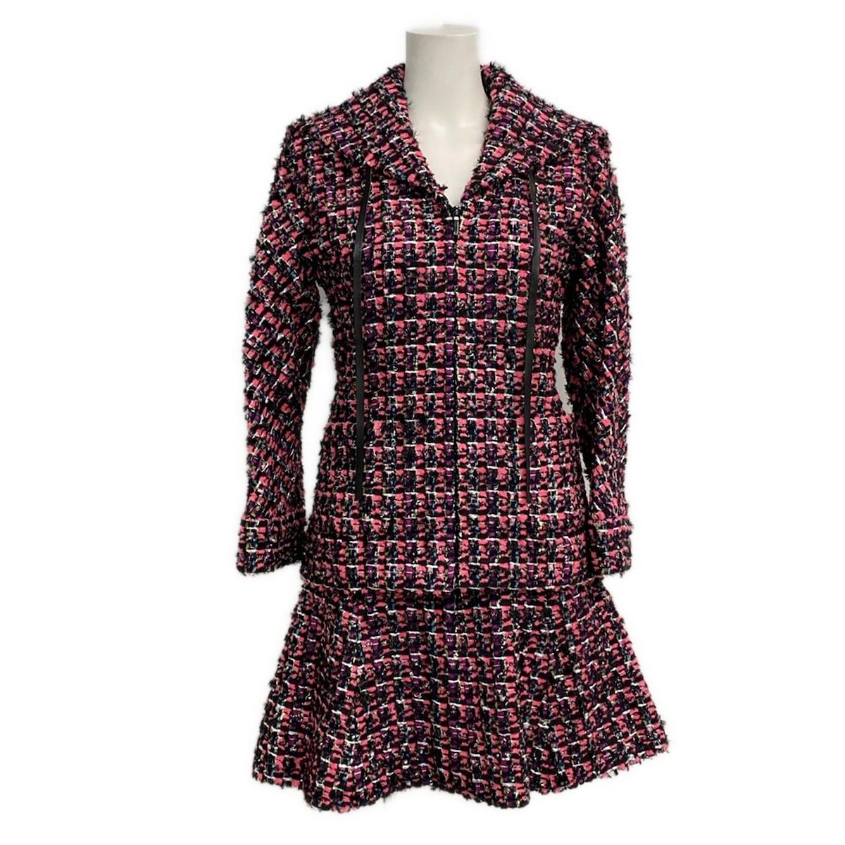 シャネル スカートスーツ サイズ36 S レディース P47135|P47023 ピンク×黒×マルチ 長袖|ツイード|秋|冬|ジップアップ ウール