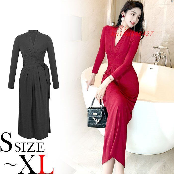 深Vネックウエストリボン絞り 長袖ロングタイトニットワンピース 黒 赤 タイトニット ニットワンピース おしゃれ レディース 韓国 kni4a148427
