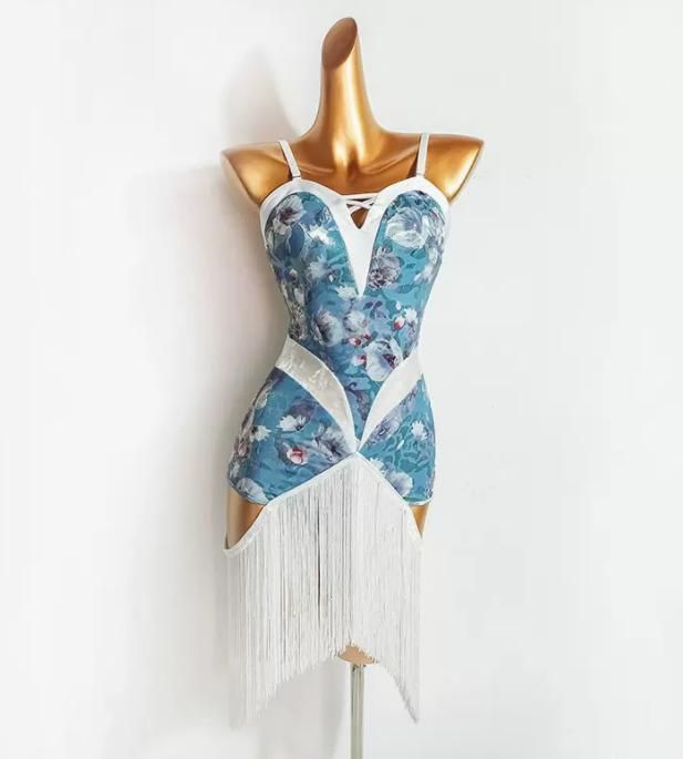 新作 社交ダンス衣装　ラテンワンピースドレス　花柄 ブルー オーダーメイド 新作 社交ダンス衣装 ラテンワンピースドレス 花柄 ブルー