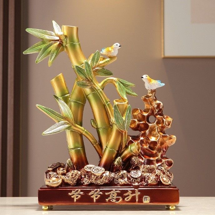 竹 竹林 小鳥 鳥 樹脂製 置物 オブジェ グリーン 緑 茶 ブラウン 風水