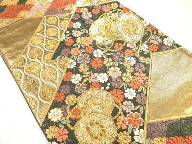 平和屋着物◎六通柄袋帯 唐織 屏風陶器花文 金糸 正絹 逸品