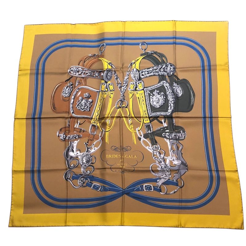 エルメス HERMES カレ90 ダブルフェイス ブラウン イエロー シルク レディース スカーフ