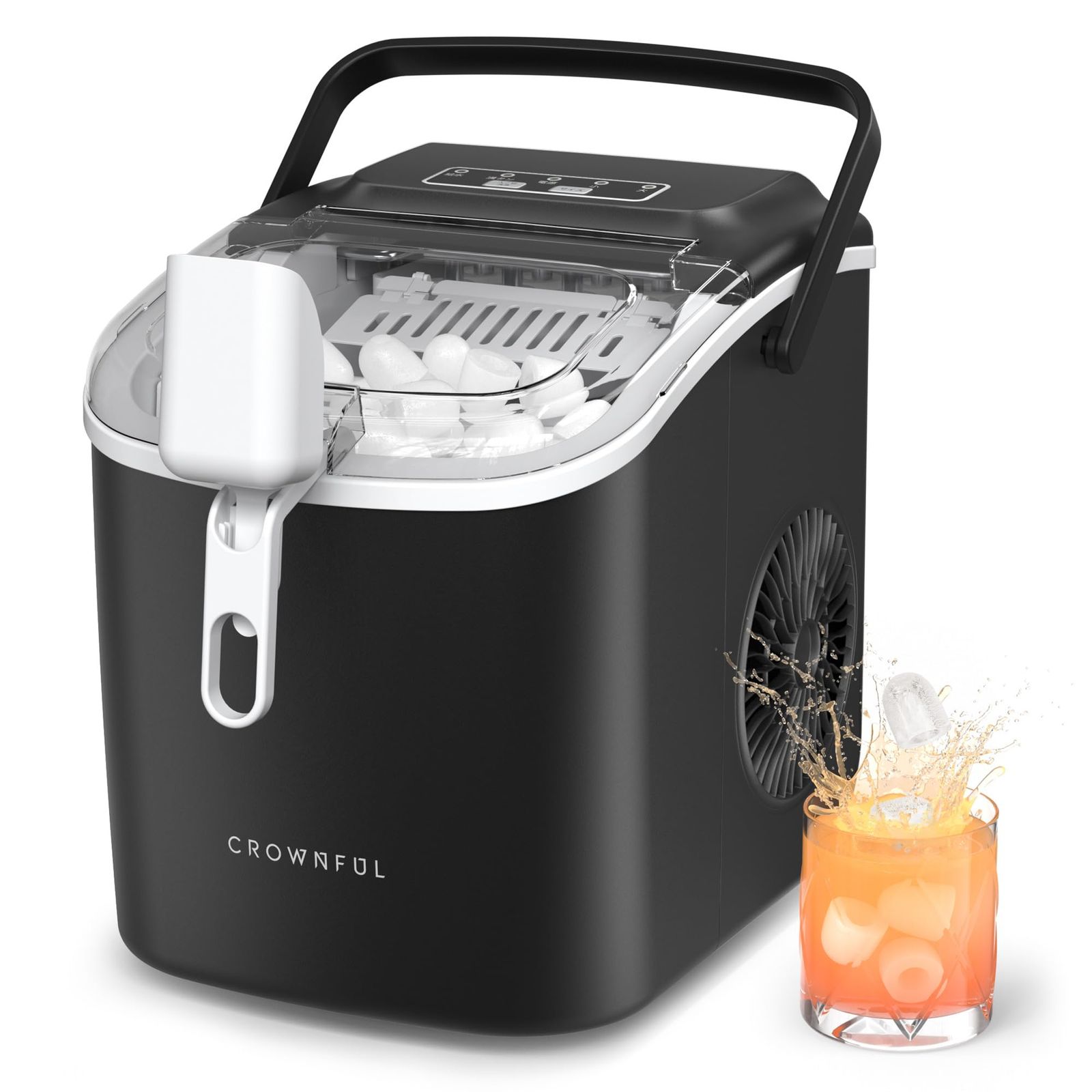 CROWNFUL 製氷機 家庭用 高速製氷 自動洗浄機能 ハンドル付き氷バスケット 取り扱い簡単 2種類氷サイズ 大容量水タンク 透明窓 小型 氷つくり機 静音 自動停止 水不足提示 ポータブル アイスメーカー コンパクト 製氷器 日本語取扱説明書付き