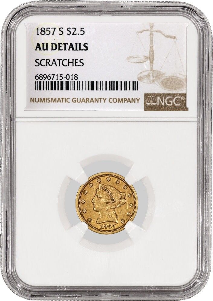 1857 S $2.50 Liberty Head Quarter Eagle G NGC AU Details Scratches Coin