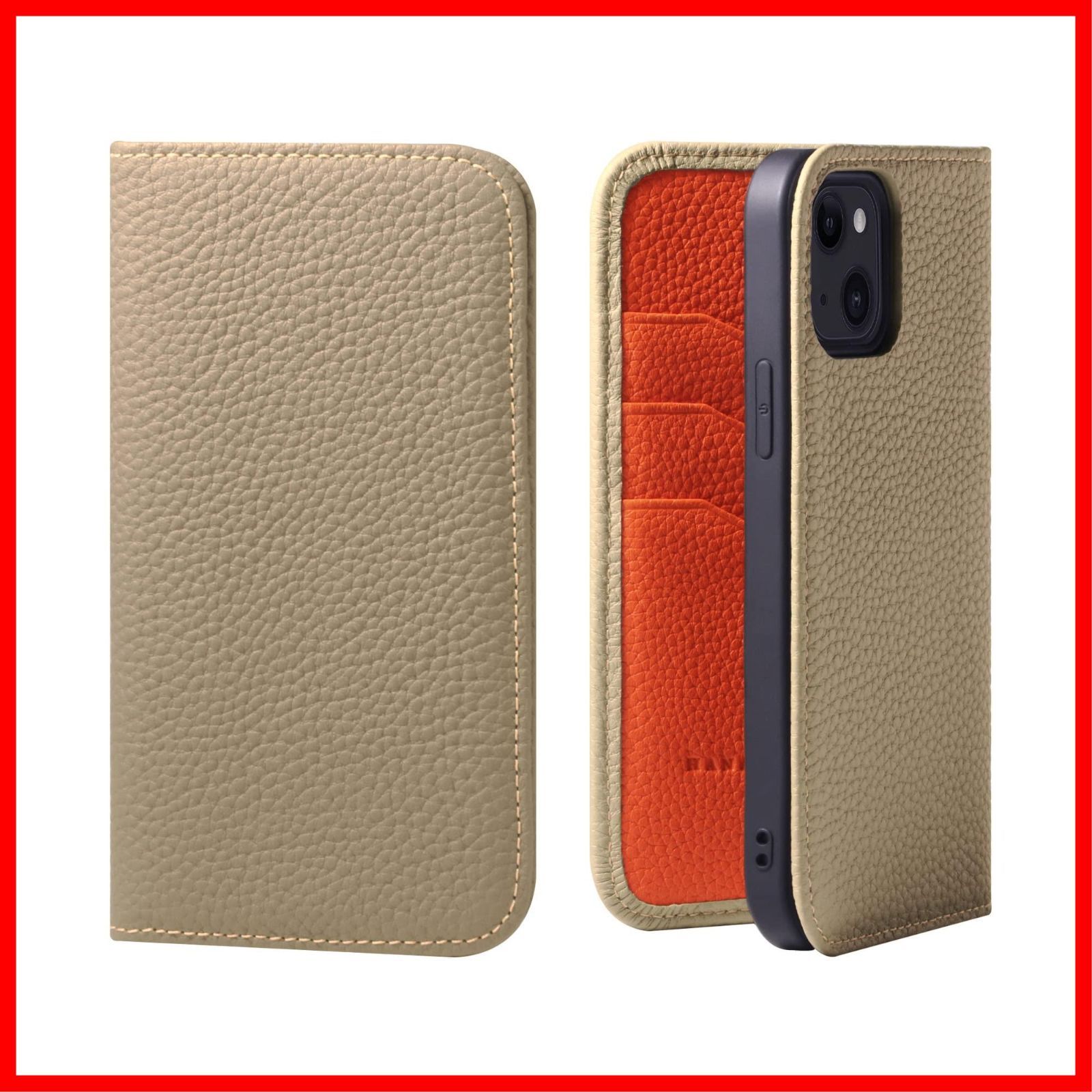 【ラスト1点】+ グレージュ マグネットなし ギフト オレンジ シュリンクカーフレザー 付き コードホルダー スタンド スマホ スマホケース PH-14-Grege-OG 本革 手帳型 ケース iPhone14 HANATORA
