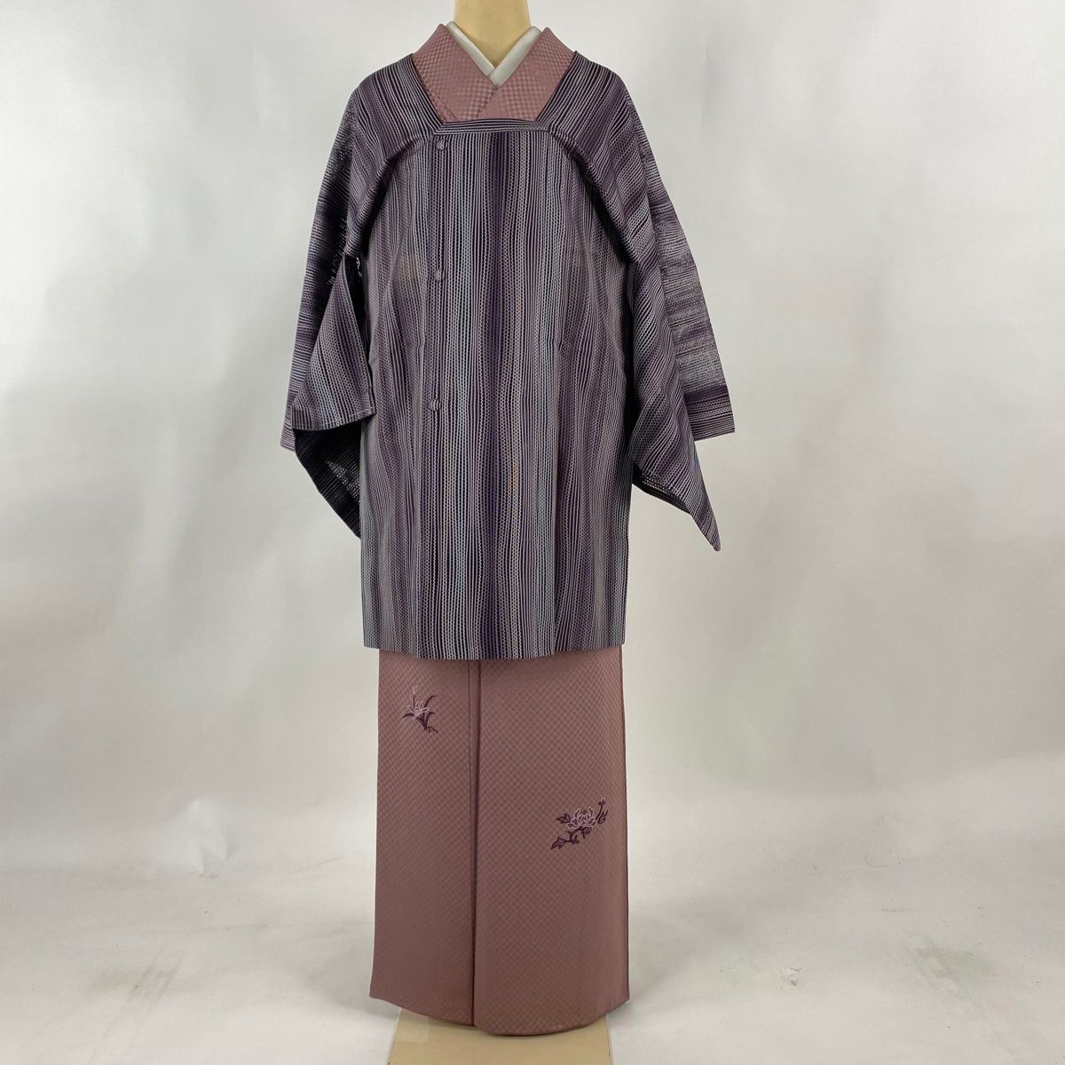 道行 身丈89.5cm 裄丈68cm L 和装コート 角衿 やまと 縞 紫 正絹