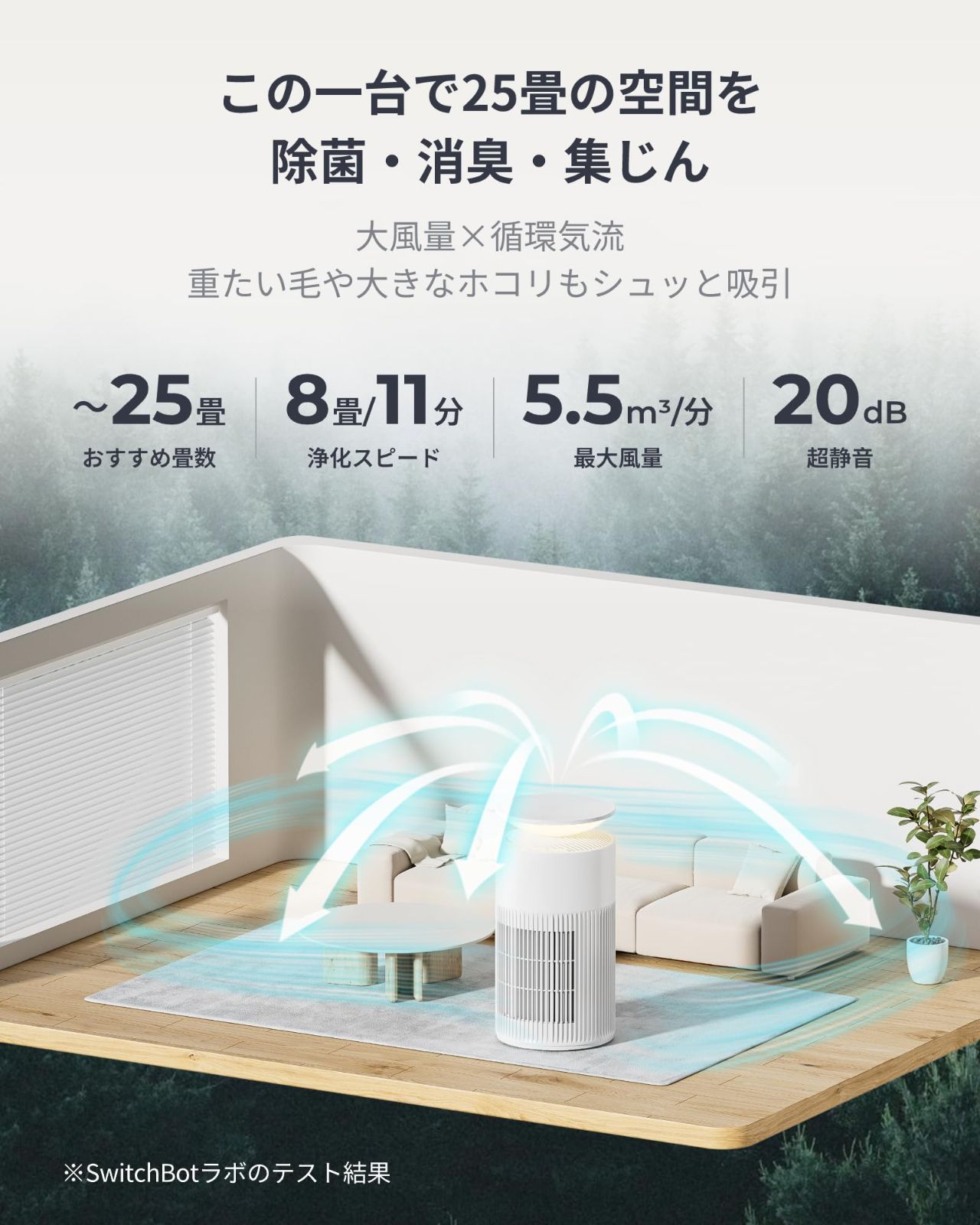 SwitchBot 空気清浄機 ペット 脱臭 静音 - スイッチボット 25畳 省エネ 大風量 360度全方位 浄化 消臭 除菌 集じん HEPA フィルター 花粉 ニオイ対策 抜け毛対策 タイマー機能 Alexa Google Home Siriに対応