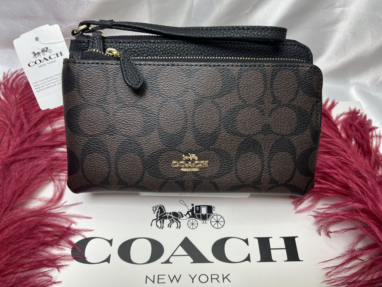 コーチ COACH 財布 長財布 シグネチャー ダブル ジップ ウォレット シグネチャー キャンバス ポーチ ペブルレザー ラグジュアリー リストレット ブラウン×ブラック プレゼント 贈り物 ギフト メンズ 財布 レディース ブランド C5576 353P