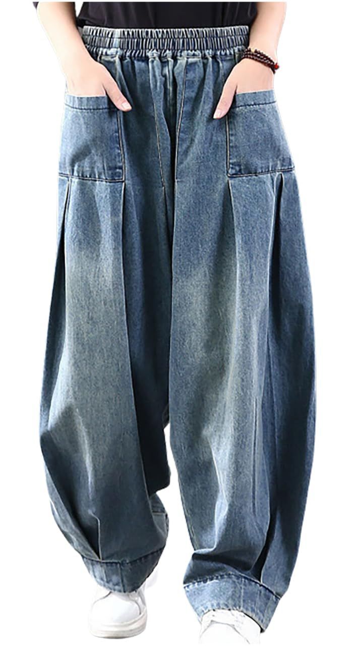 Size 3XL_Color ネイビー チュナッチ レディース ワイドパンツ デニム ガウチョパンツ サルエルパンツ ボリューム ゆったり ロングジーンズ 秋 冬 ルームウエア ウエストゴム スポーツ ダンスパンツ マタニティ アウトドア キレイメ ユル