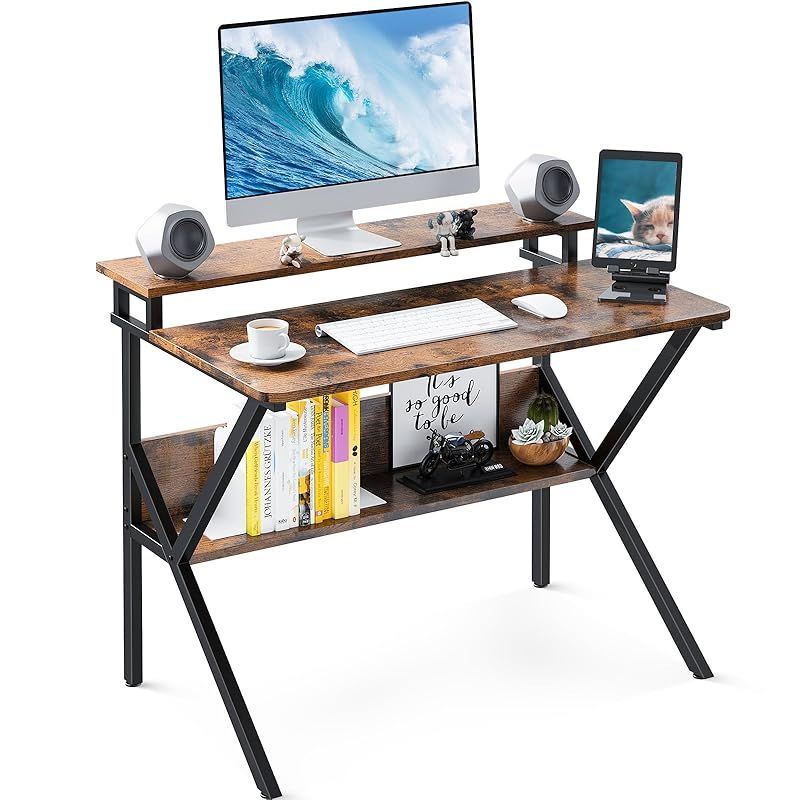 KKL 机 pcデスク パソコンデスク コンパクト モニター台付き 幅70cm×奥行60cm ゲーミングデスク 勉強机 小さい computer desk 棚付き テレワークデスク 省スペース 一人暮らし 組立簡単 モニターア