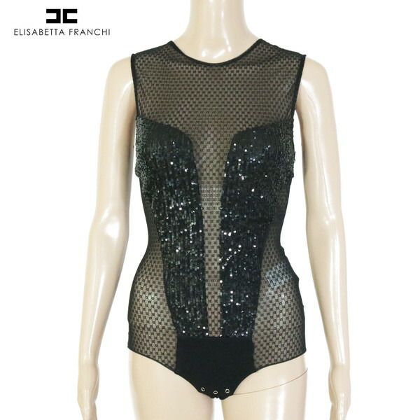 80 OFF エリザベッタフランキ ELISABETTA FRANCHI トップス 40 ECS1276 S Mサイズ ブラック レディース ノースリーブトップス スパンコール ロンパース型 イタリア製