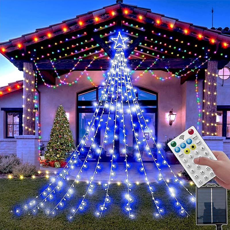 【最新型1本2カラー切替】ソーラーLED イルミネーション クリスマスツリーライト 屋外 防水 星型ドレープライト 店舗 電飾 3.5mタイマー機能 輝度調整 ガーデン飾りライト クリスマスライト 
