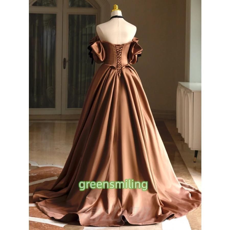 ドレス 編み上げ ブラウン 半袖 サテン ロングドレス 結婚式 二次会 発表会 演奏会 ウェディングドレス ウエディングドレス 花嫁 前WP数量 価格926