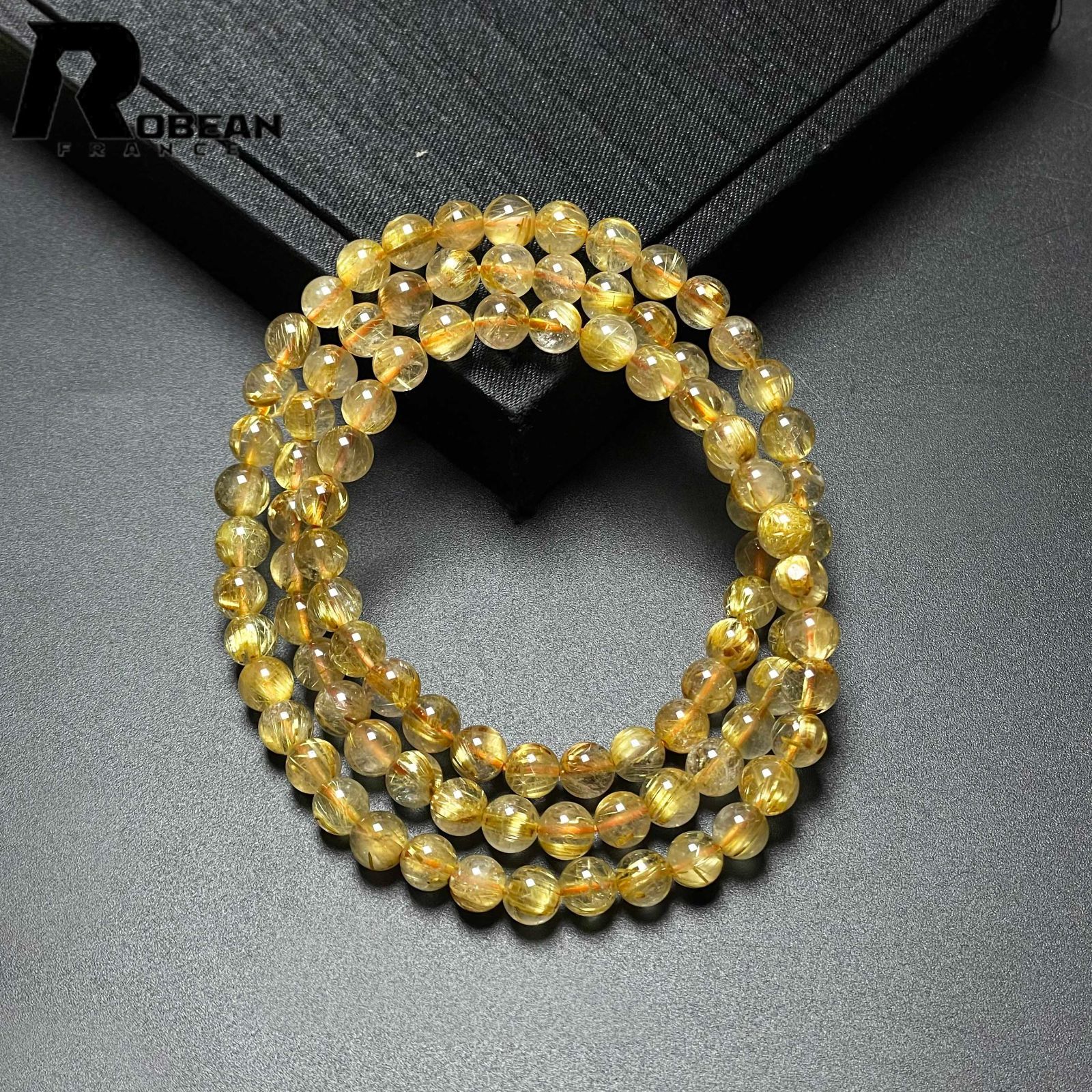 EU製 定価14万円 ROBEAN タイチンルチル 黄金針水晶 金運 開運 ゴールド 3本巻きブレス パワーストーン プレゼント 5.7-6.3mm M1018774