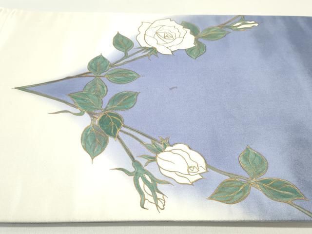 平和屋着物○染色作家 田中文子 太鼓柄袋帯 手描き バラ 薔薇 金彩