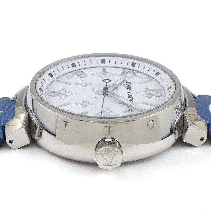 ルイ ヴィトン LOUIS VUITTON 腕時計 タンブール GM モノグラム ホワイト QA 114 Z モノグラム文字盤 SS エスカル ブルー レザーベルト クオーツアナログ